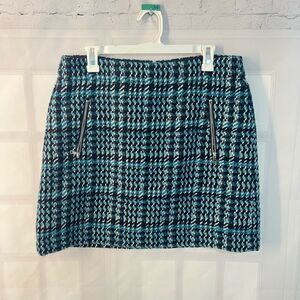 Loft blue teal tweed zipper pockets mini skirt size 12